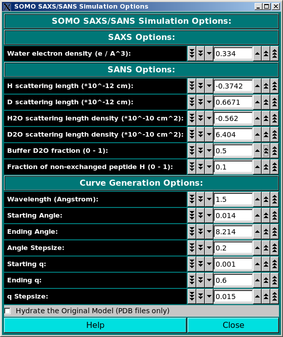 SOMO SAXS/SANS Simulation Options Screen